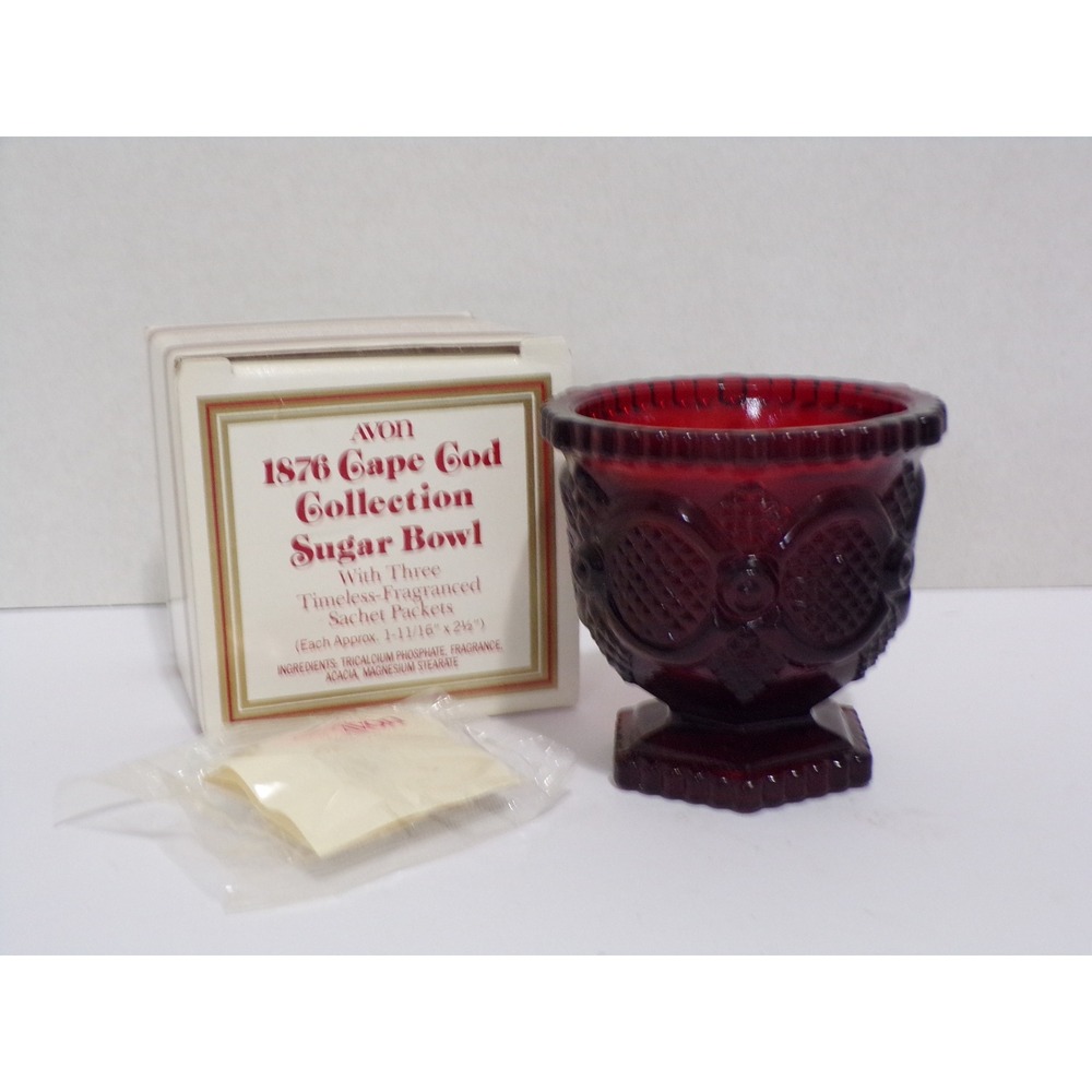 Avon 1876 Cape Cod Collection Sugar Bowl Ruby Red Glass Vintage with Box Sachet